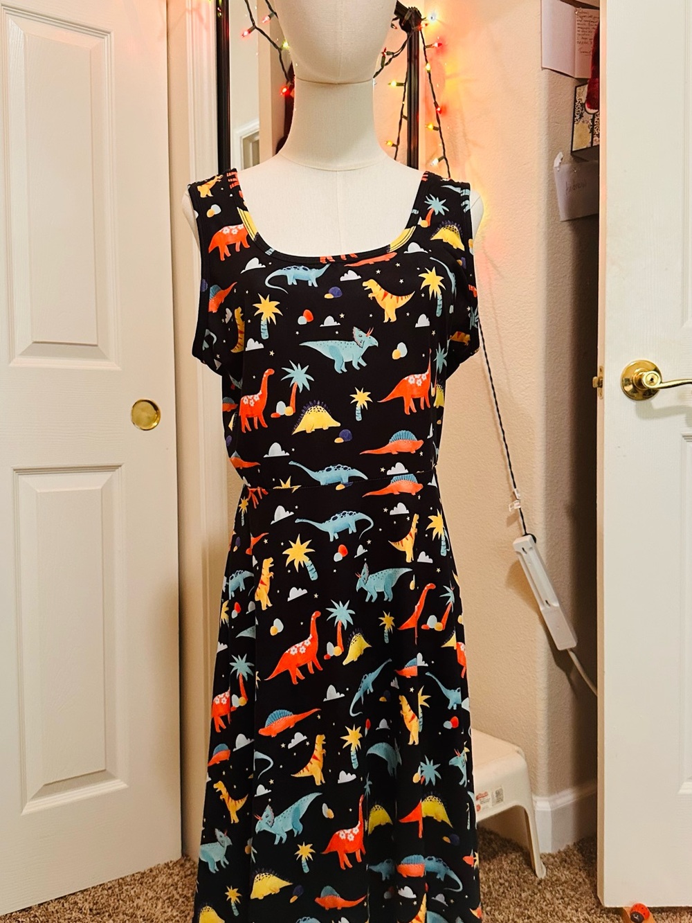 Girls' Black Dino Print A-Line Dress - Multicolor